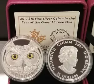 2017 Eyes Great Horned Owl $15 Pure Silver Proof Canada Glow-in-Dark Coin - Picture 1 of 3