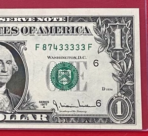 1977A $1 Dollar Fancy Serial Number Lucky 33333-5 In A Row ( Atlanta F) UNC - Picture 1 of 3