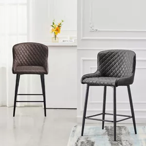 2 Pcs Breakfast Stool Bar Stools Brown Grey Faux Leather Dining Room Metal Legs - Picture 1 of 43