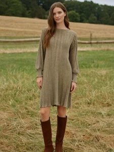 Prairie Dress AU12 US8 Beige Midi Ditsy Floral Pleated Plisse Flowy Classic Boho - Picture 1 of 3