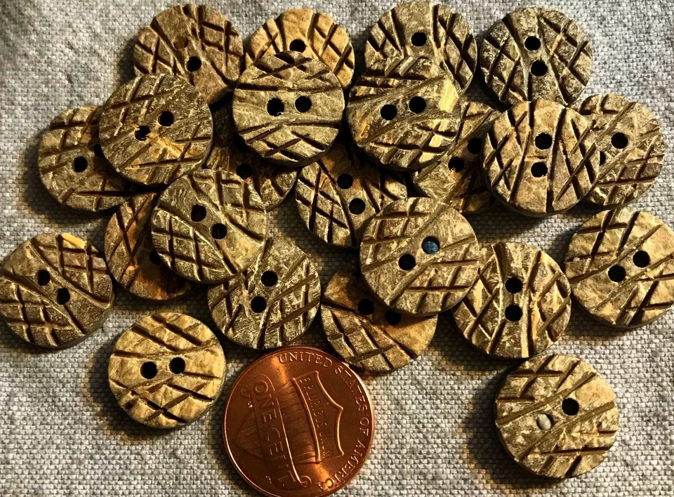 24 Carved Natural Coconut Shell Sew-through 2-hole Buttons 9/16" 14.5mm  # 4896 - Image 1 of 1