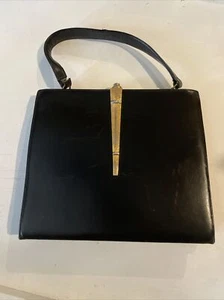 VTG Manon Black Leather Gold Accent Clutch - Picture 1 of 10