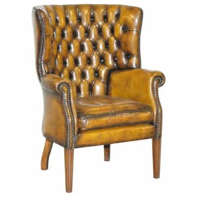 FULLY RESTORED VINTAGE CHESTERFIELD PORTERS WINGBACK ARMCHAIR BROWN LEATHER - Image 1 of 4