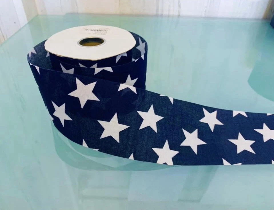 6 Yds Of 2 1/2” Navy Blue Cotton Ribbon W/ Star Theme (not wire edge)  #041725A9 - Image 1 of 1