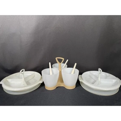 Vintage Tupperware Triple Condiment 2 White Suzette Divided Relish Serving Tray  - Image 1 of 4