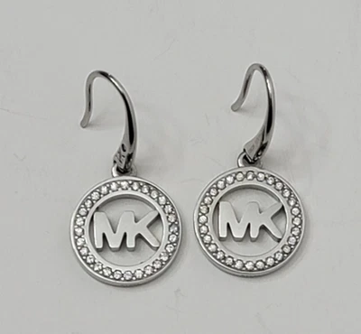 MICHAEL KORS SILVER TONE, CRYSTALS, MK MONOGRAM LOGO DROP EARRINGS MKJ4795 - Image 1 of 4