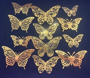 (109) 12pcs 3D METALLIC BUTTERFLY FOR CAKE DECORATING IN GOLD - Picture 1 of 9