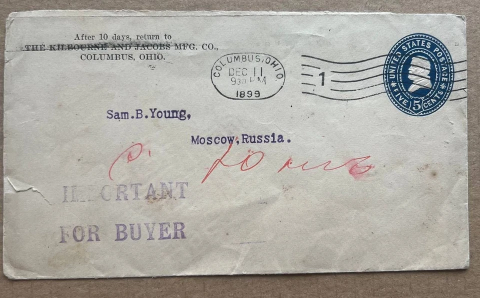 RARE- Passed the Mail Cover - Ohio USA to Moscow - 1899 RARE!! - Image 1 of 3