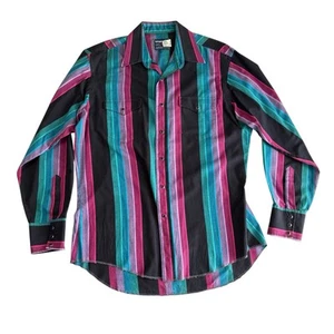 Mens Wrangler Western X Long Tail 16.5 35 Pearl Snap VTG USA Made Black Teal Red - Picture 1 of 4