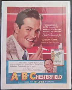 Anuncio impreso Chesterfield Cigarettes 1949 años 40 actor Robert Cummings reinado del terror - Imagen 1 de 1