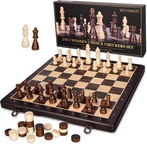 2-In-1 Wooden Chess & Checkers Set - 15’’ Premium Magnetic Chess Set - Picture 1 of 12
