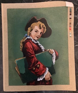 Vintage Painted Needlepoint Canvas Old World Portrait Young Boy Artist Boy - Picture 1 of 2