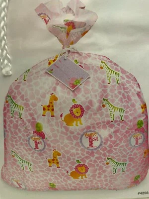 1st Birthday Pink Safari Jumbo Plastic Gift Bag w/Yarn Tie & Gift Card 36" x 44" - Image 1 of 3