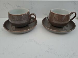 DENBY Fine Stoneware GREYSTONE Handcrafted 2 CUPS & SAUCERS England Grey Brown 