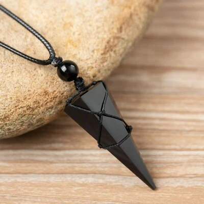 Natural Black Tourmaline Prism Crystal Pendant Healing Man Woman Necklace Gift - Image 1 of 4
