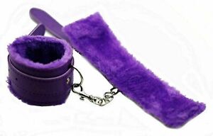 Purple Sex Slave Faux Leather Restraints Cuffs Furry Handcuffs Wrist with Chain