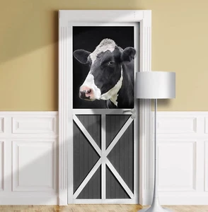 Cow Door Mural, Cow's Head in Farm Stall, Laminated Sticker Cover, Decal - Picture 1 of 13