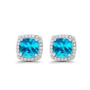 18K White Gold 1 Ct Created Halo Princess Cut Blue Topaz CZ Stud Earrings Plated - Picture 1 of 1