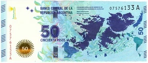 Banconota Argentina $50 Pesos Malvinas Falkland ottime condizioni manicotto plastica - Foto 1 di 2