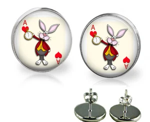 Alice In Wonderland White Rabbit Ace of Hearts Earrings Handmade Photo Jewelry - Picture 1 of 2