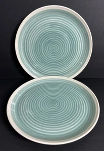 2 Sango Rico Aqua Dinner Plates Blue Cream Embossed Ring Farmhouse - Picture 1 of 6