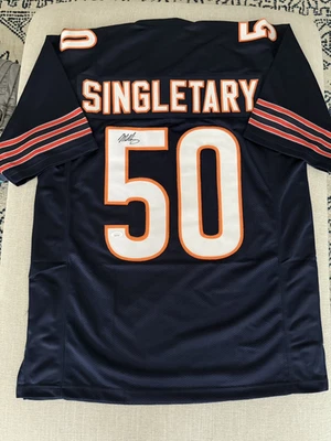 Camiseta de fútbol americano azul Chicago autografiada/firmada de Mike Singletary Hof 98 certificado de autenticidad JSA Foto 1 de 3