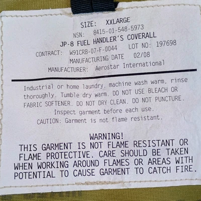 二手优质棕褐色 JP-8 Gore-Tex® 燃油处理机 Coverall *mocinc.1982* — 第 1/4 张图片