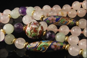 VINTAGE ROSENQUARZ JADE AMETHYST CLOISONNE PERLEN HALSKETTE - Bild 1 von 4
