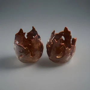 (2)Votives Brown Leaf Design 3 3/4 Inch Handmade Pottery - Picture 1 of 4
