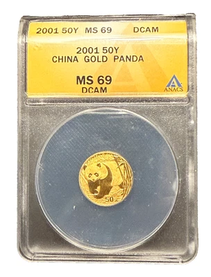 China 2001 oro 1/10 oz 50 yuanes ANACS MS69 Panda Foto 1 de 2