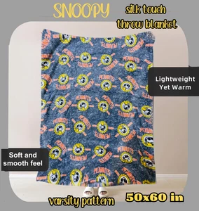Peanuts Snoopy 1950 Plush Throw Blanket Varsity Print Logo AOP Gray 40x60 Throw - Picture 1 of 11