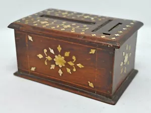 Antigua caja dispensadora de cigarrillos de madera original antigua hecha a mano incrustación ósea - Imagen 1 de 6