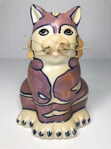 Vtg Ceramic Cat Bank Wire Whiskers Handpainted Tiger Stripes Orange Purple Blue - Picture 1 of 6