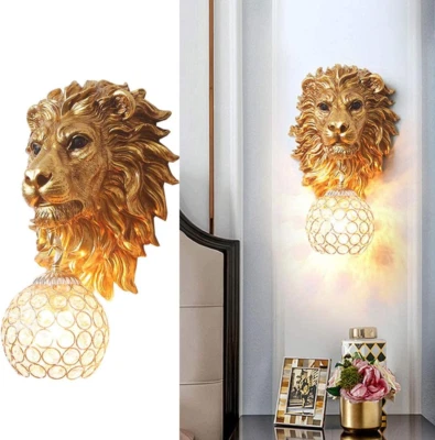 Aplique de pared de cristal barroco dorado para sala de estar resina cabeza de león Foto 1 de 4