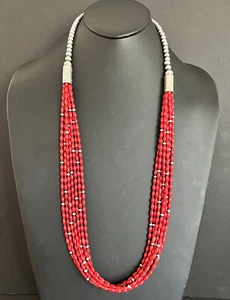 Sterling Silver Multi Strand Red Coral W Pearls Bead Necklace 36 Inch - Picture 1 of 12