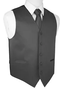 Men's Charcoal Satin Formal Dress Tuxedo Vest, Tie & Hankie Set. Wedding, Prom - Picture 1 of 3