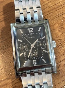 Vintage Guess Mens Watch G10199G Silver Tone Tank Case Works w New Battery - Picture 1 of 7