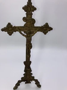 Antique Crucifix INRI Tripod Religious Jesus on the Cross Ornate - Picture 1 of 12