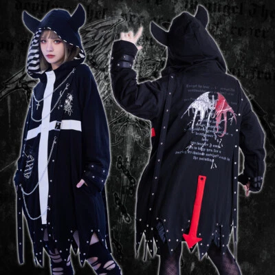 visual kei anime punk gaiola Cambion crucifixo botão frente chifre parka casaco JJ2450 - Imagem 1 de 4