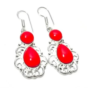 Red Coral Gemstone Handmade 925 Sterling Silver Jewelry Earring Size 1.8" - Picture 1 of 1
