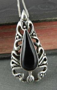 Mexico 925 Sterling Silver Open Scroll Work Teardrop Black Onyx Pendant Necklace - Imagen 1 de 5