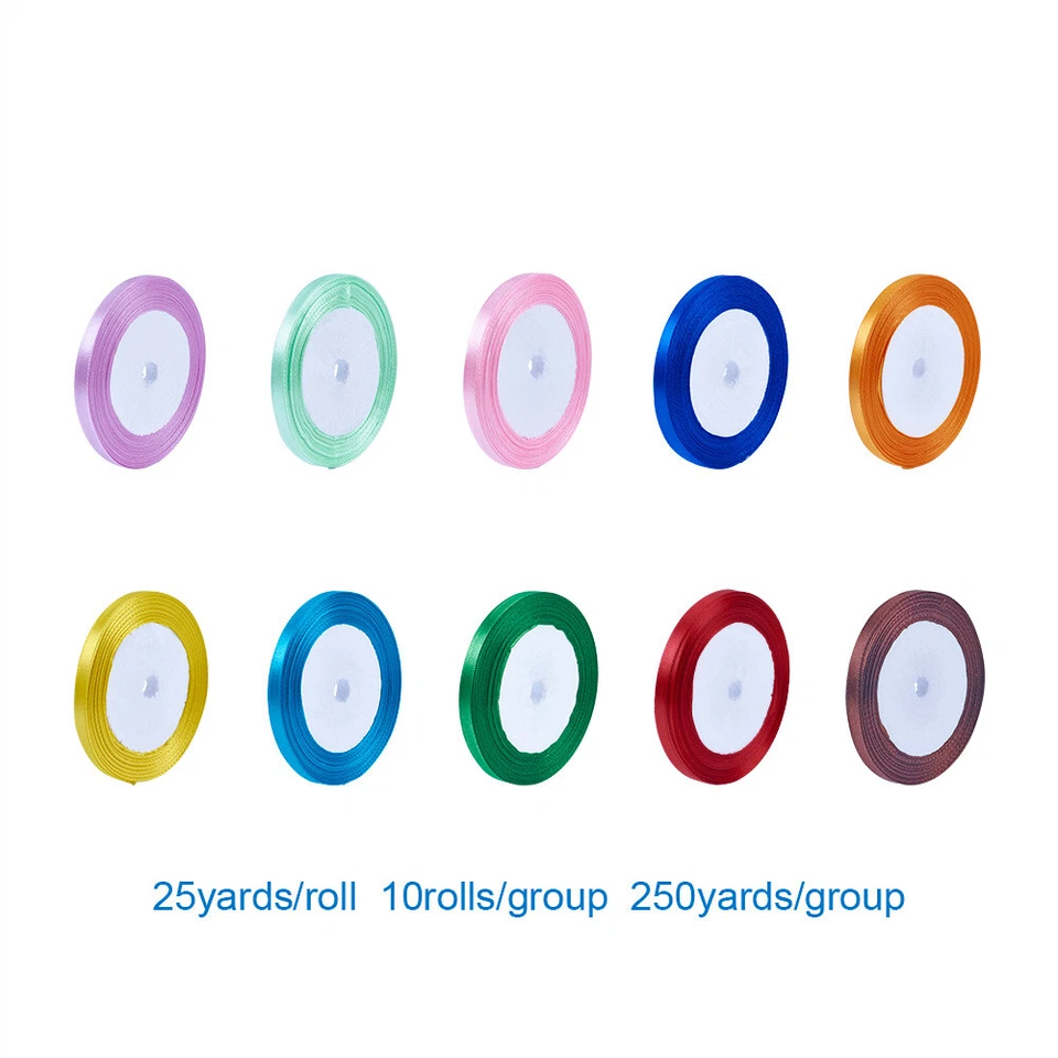 10 Roll/Set Colorful Satin Fabric Ribbons 1/4" Double Face Gift Wrapping Crafing - Image 1 of 4