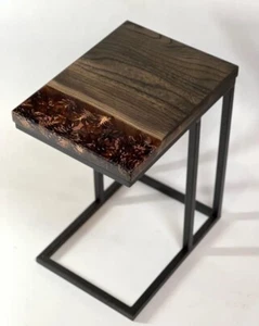 CUSTOM WOOD & BROWN EPOXY RESIN END TABLE, SIDE TABLE ,COFFEE TABLE WITH STAND - Picture 1 of 4
