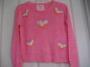 NEW Girl XL Neon Pink FLOWERS BY ZOE Heart Sequined Lightweight SWEATER Pullover - Picture 1 of 7