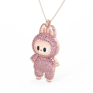 14K Rose Gold Plated Pink Lab Grown Diamond Labubu Doll Pendant HIP HOP Pendant - Picture 1 of 6