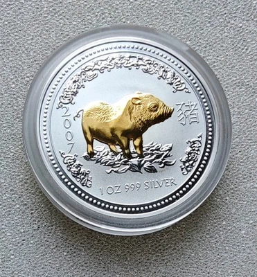 Australien Silbermünze Lunar I - Schwein gilded 1 Unze  - 2007 Feinsilber 0.999 - Bild 1 von 2