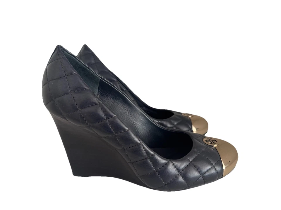 Tory Burch Kaitlin Cuña Acolchada Oro Puntera Bomba Cuero Azul 7 M Usado Una Vez Foto 1 de 4