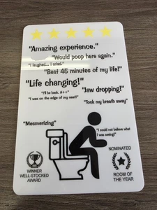 Divertido letrero de revisión de baño de 5 estrellas 12 pulgadas de ancho X 8 pulgadas de alto - Imagen 1 de 5