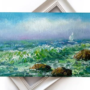 Seascape Sail Original oil painting Sea mini art Boat 6x4 in - Picture 1 of 6