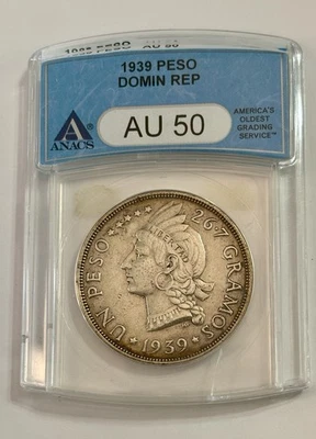 1939 Dominican Republic Silver Peso Key Date ANACS AU 50 - Image 1 of 2